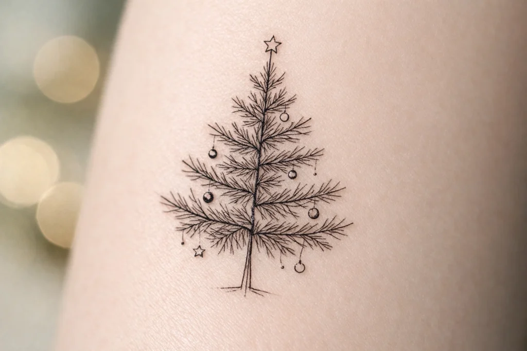 1. Fine Line Christmas Tree Tattoo