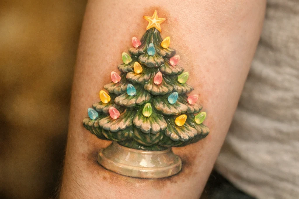 10. Colorful Ceramic Christmas Tree Tattoo
