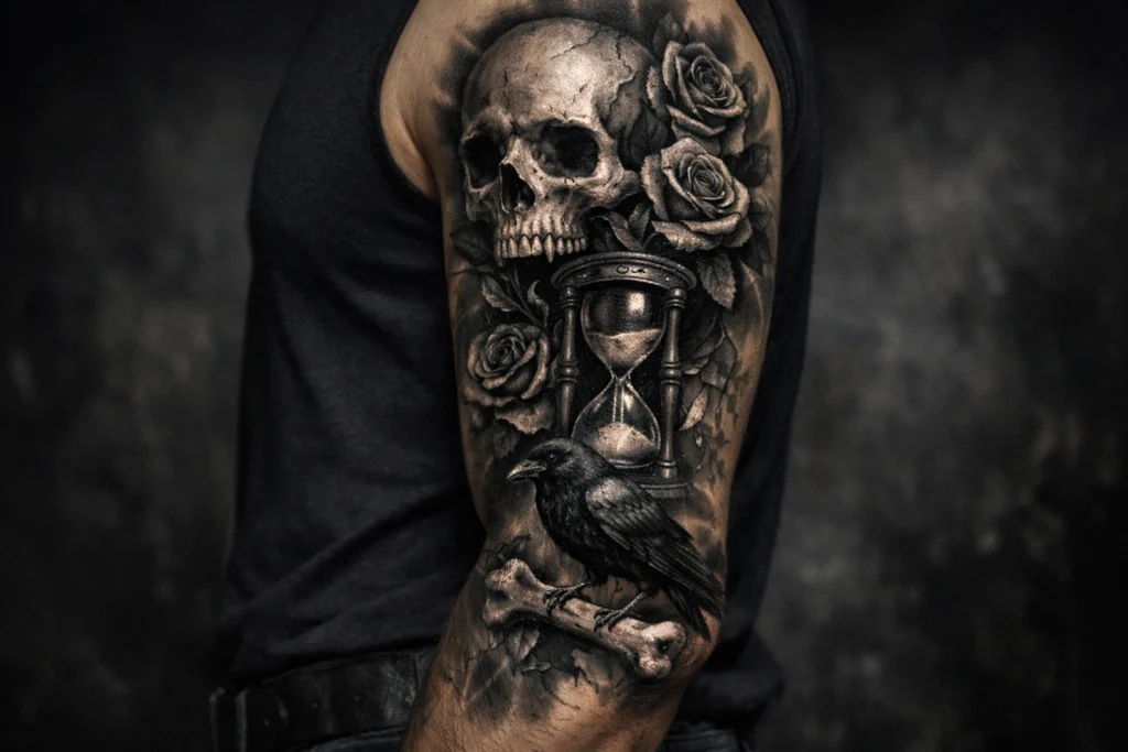 10. Skull and Dark Art Half Sleeve
