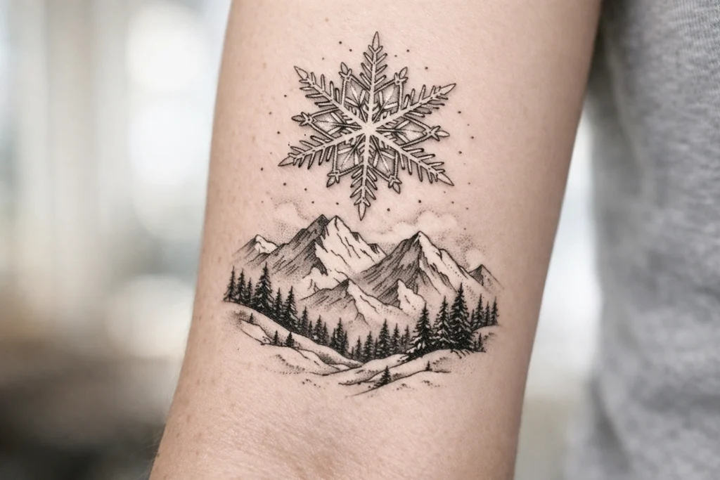 10. Snowflake and Mountain Landscape Tattoo