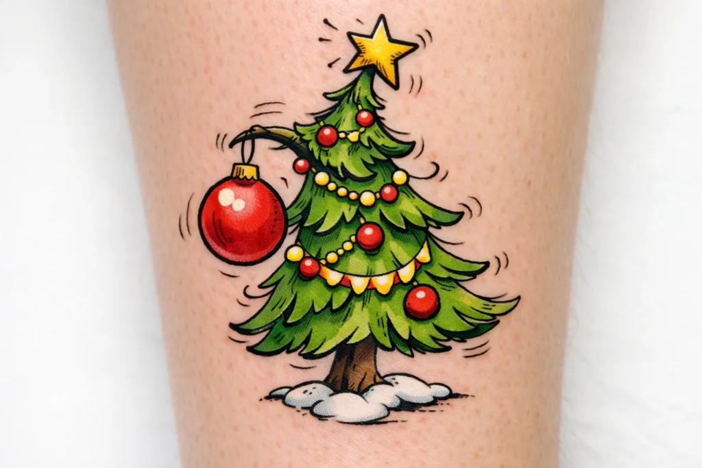 13. Grinch or Whimsical Christmas Tree Tattoo