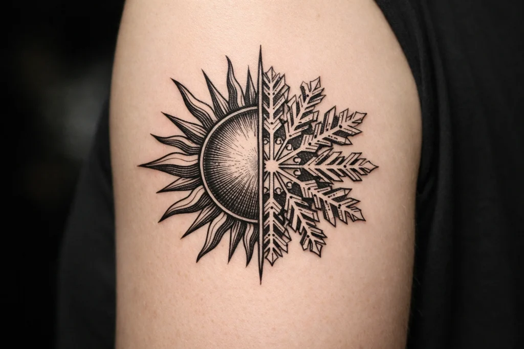 13. Sun and Snowflake Duality Tattoo