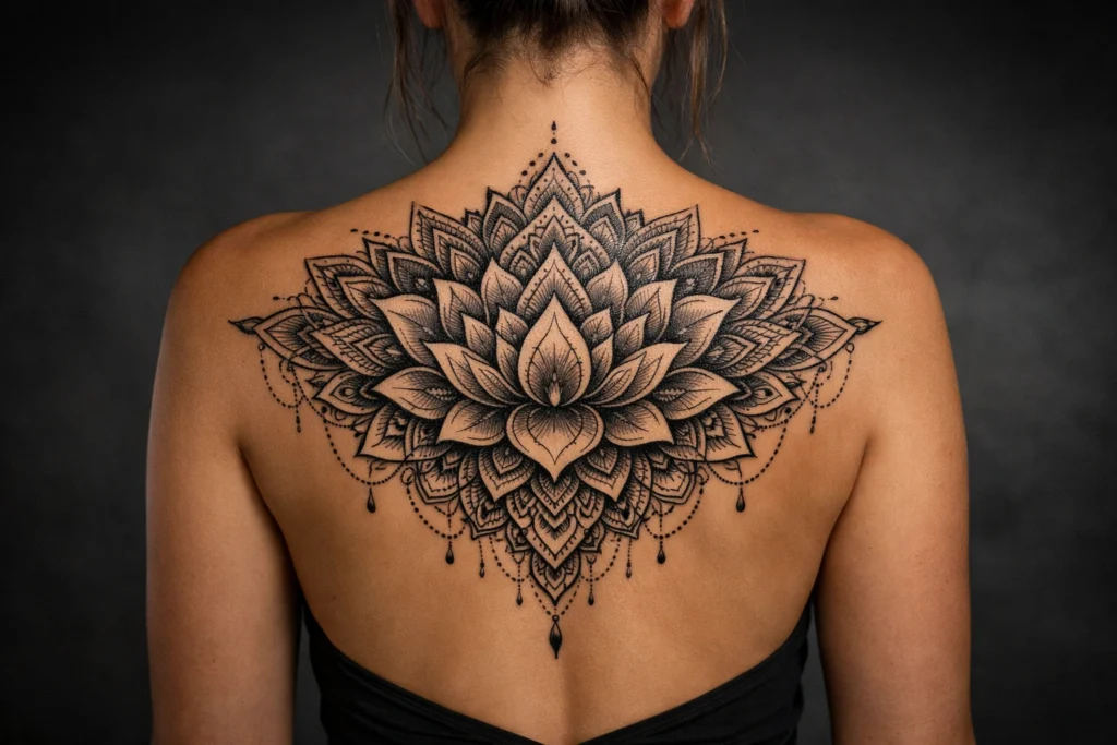 15. Lotus Back Tattoo