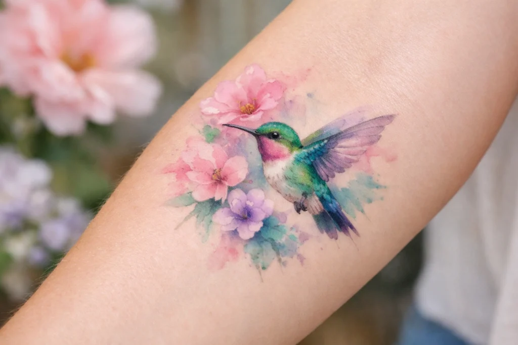 3. Hummingbird with Watercolor Flowers