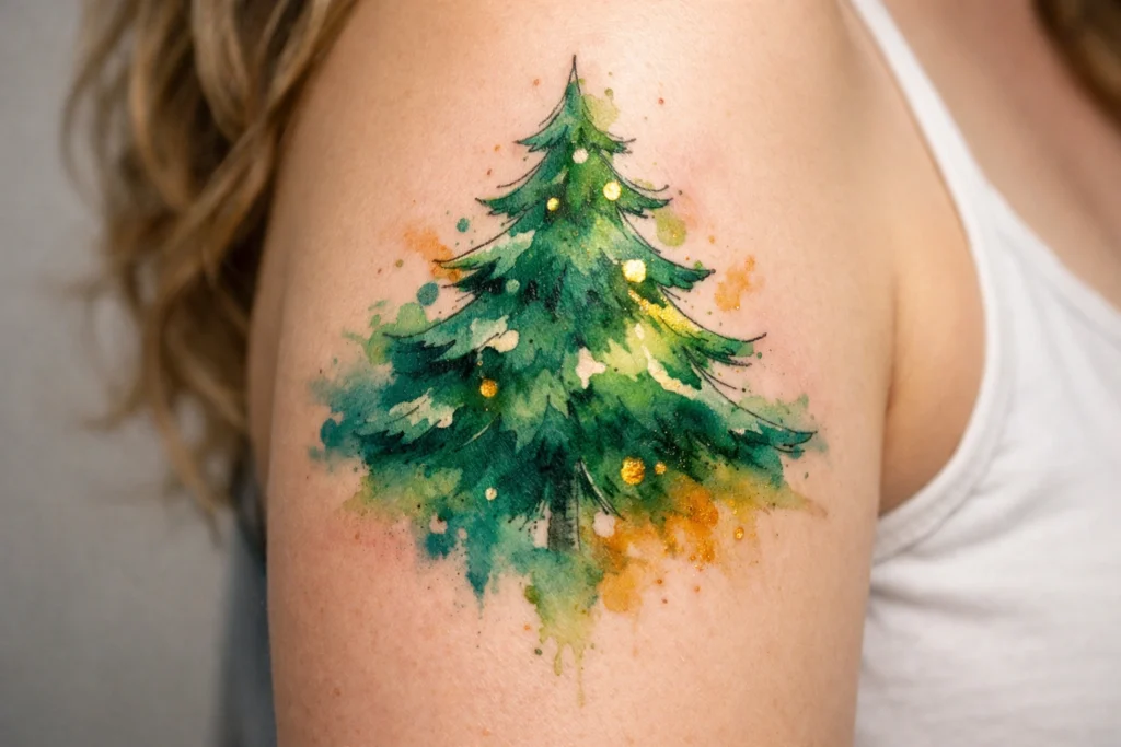 3. Watercolor Christmas Tree Tattoo