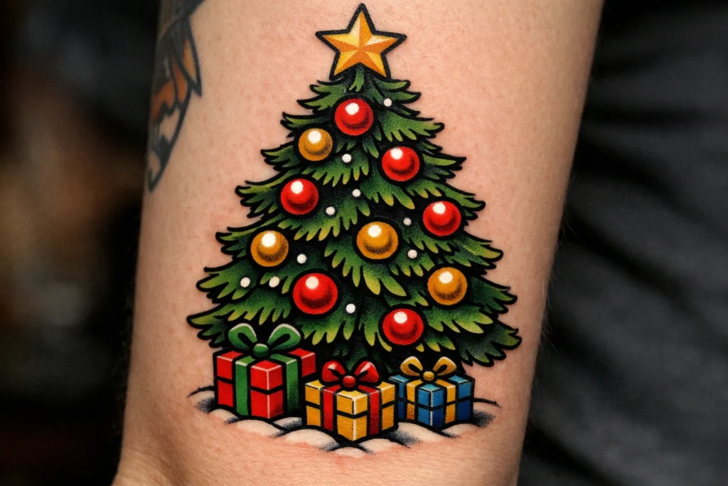 4. Traditional Christmas Tree Tattoo with Ornaments