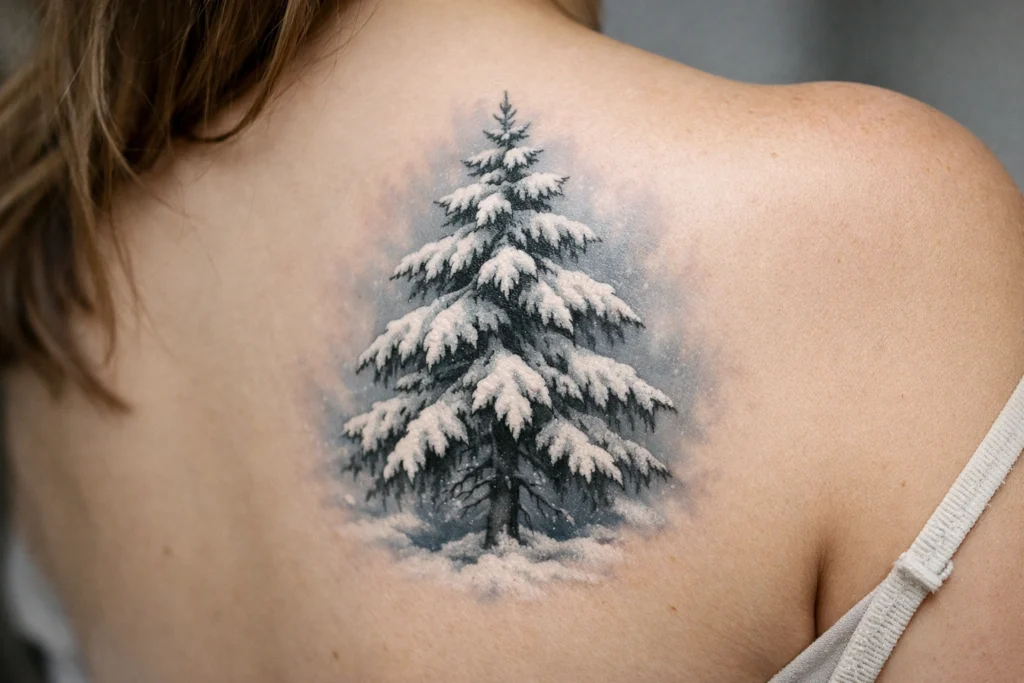 8. Snowy Pine Tree Tattoo