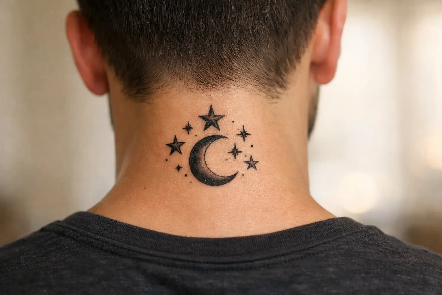 Back of Neck Star and Moon Tattoos