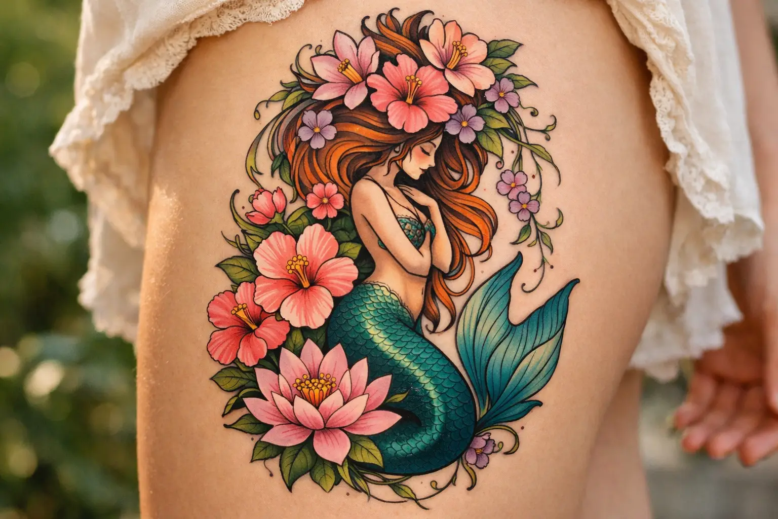 Mermaid with Flowers Tattoo
