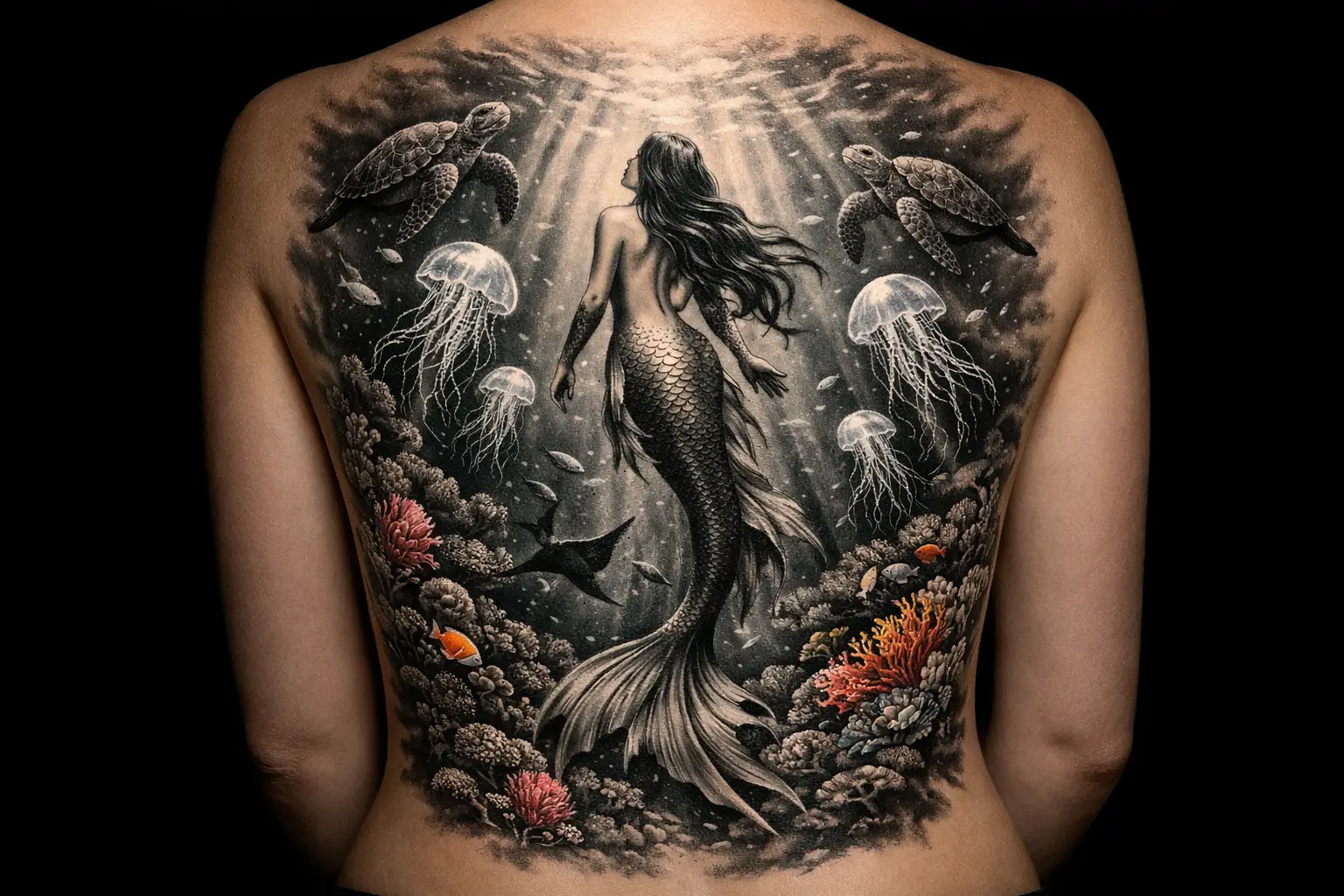 Mermaid with Ocean Scene Tattoo