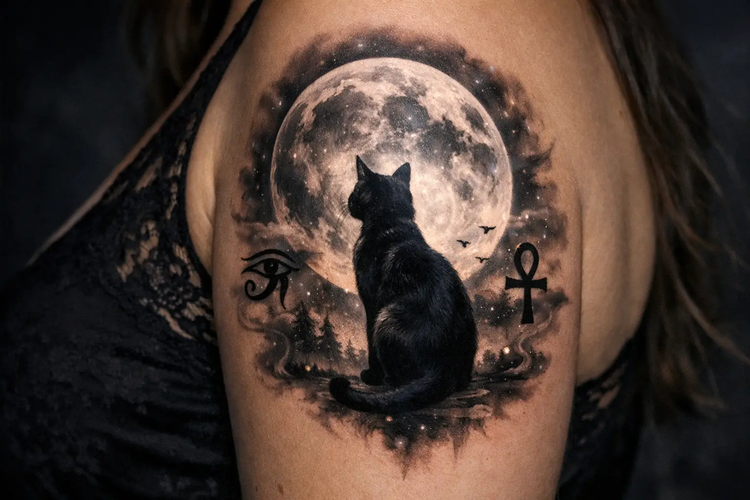 Moon and Cat Tattoos