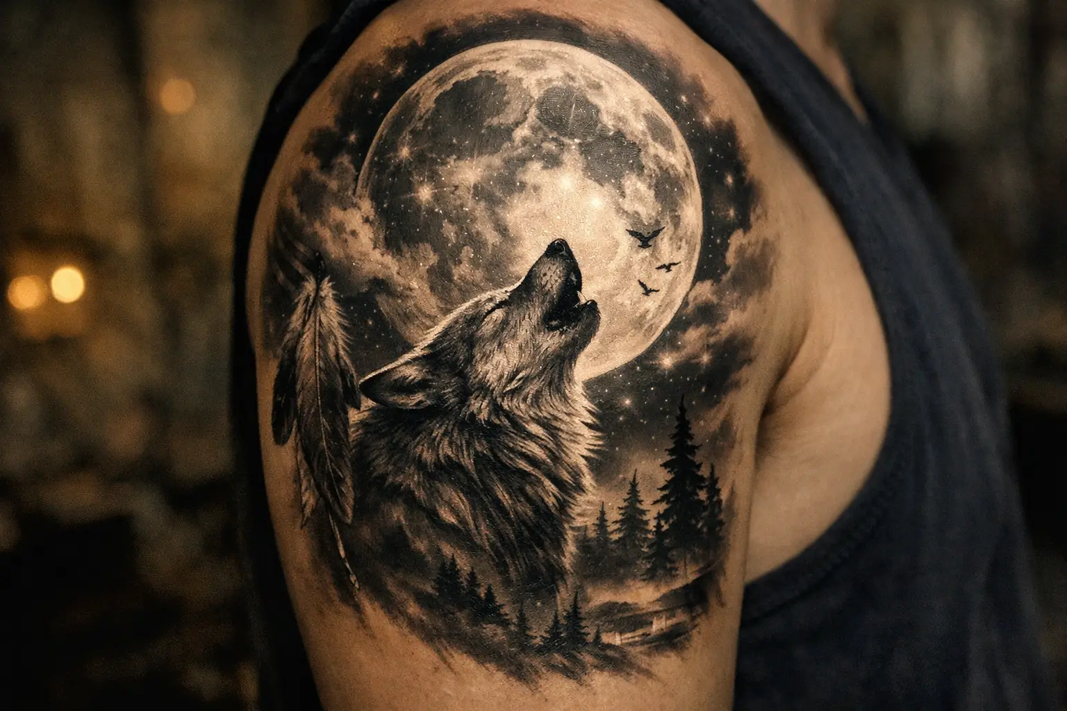 Moon and Wolf Tattoos