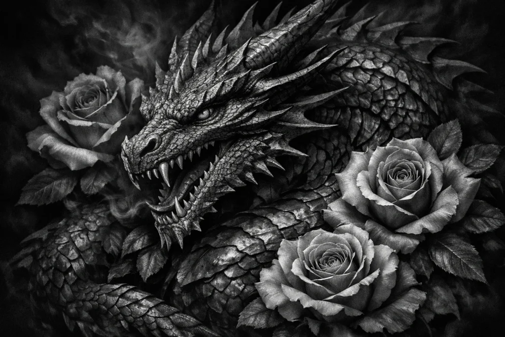 Black and Gray Realism Dragon With Roses