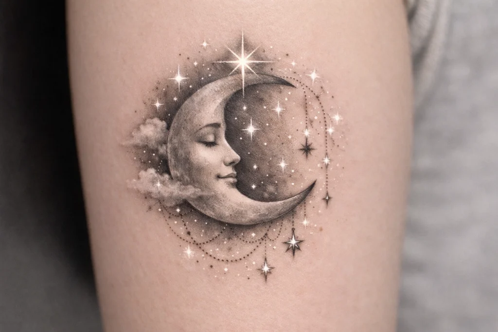 Celestial Moon and Stars Tattoo