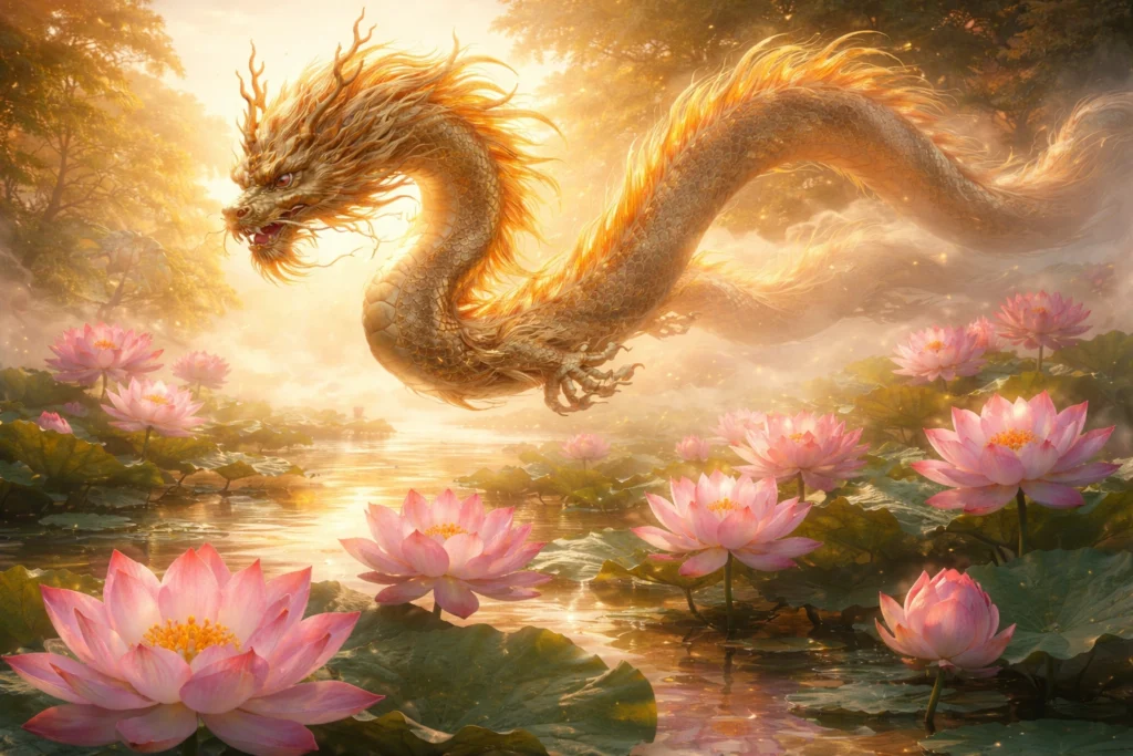 Chinese Dragon With Lotus Flowers