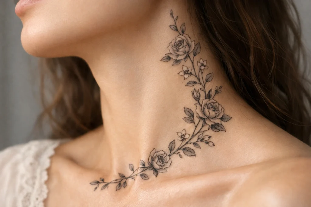 Delicate Floral Vines neck tattoos for women