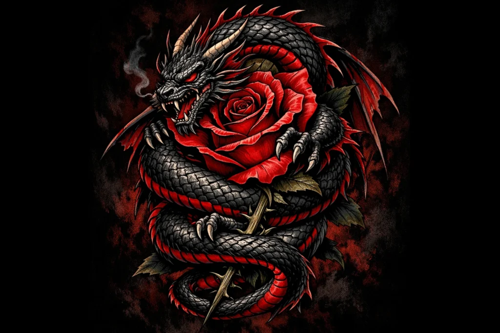 Dragon Coiled Around a Rose