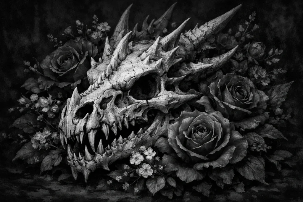 Dragon Skull With Flowers for Memento Mori Themes