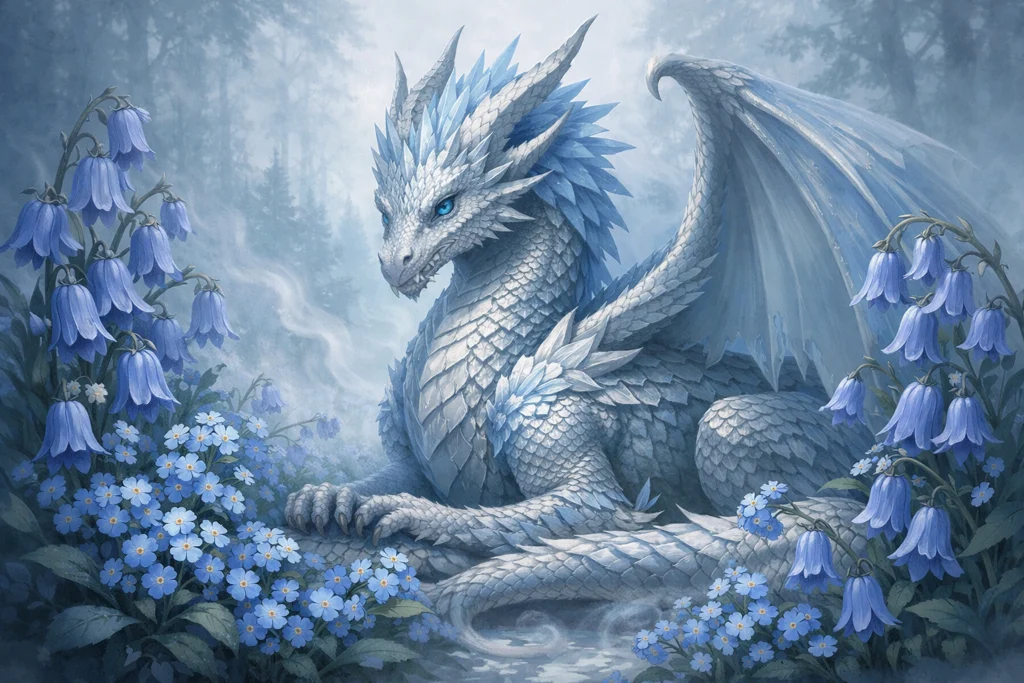 Dragon With Blue Flowers for Calm and Protection