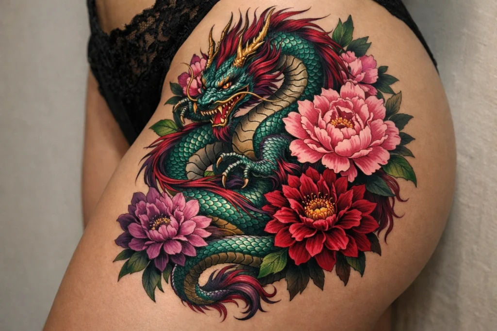 Dragon With Flowers on the Thigh for Bold Femininity