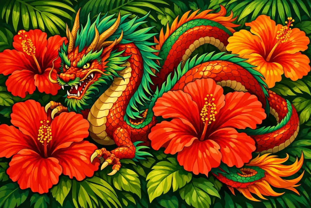 Dragon With Hibiscus for Tropical and Cultural Roots