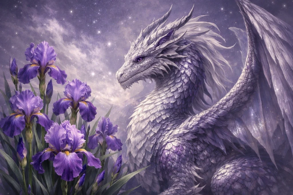 Dragon With Iris Flowers for Wisdom and Faith