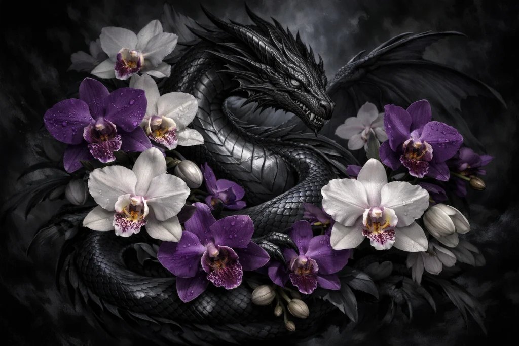 Dragon With Orchids for Elegance and Mystery