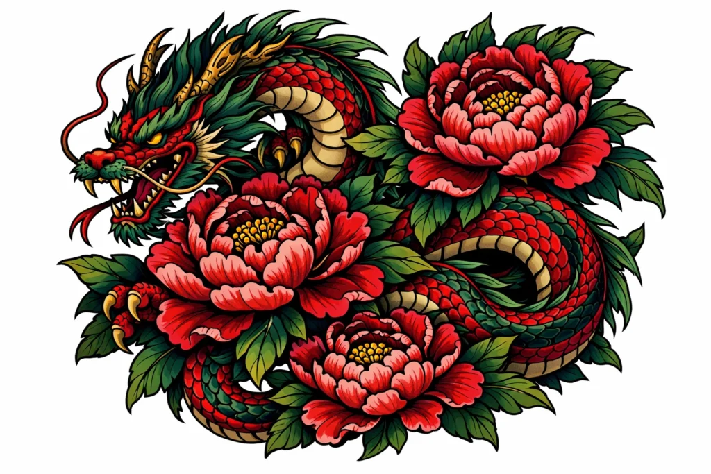 Dragon With Peony Flowers in Neo-Traditional Style