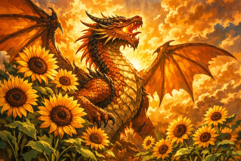 Dragon With Sunflowers for Strength and Optimism