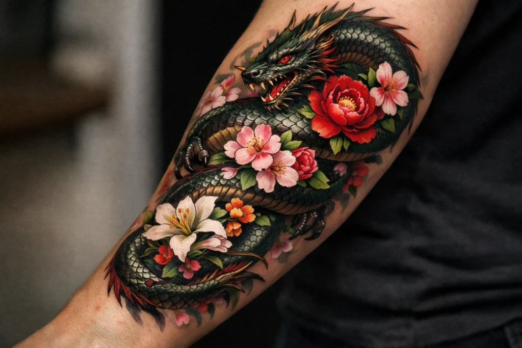 Dragon Wrapped Around a Forearm With Floral Sleeve