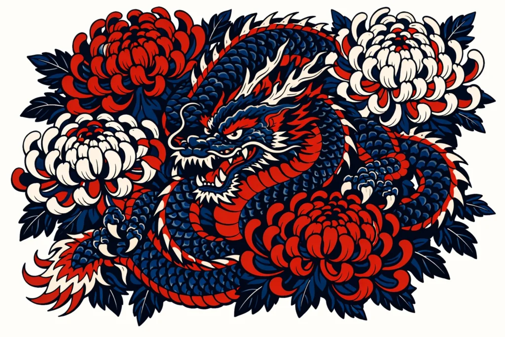 Dragon and Chrysanthemum in Traditional Japanese Style