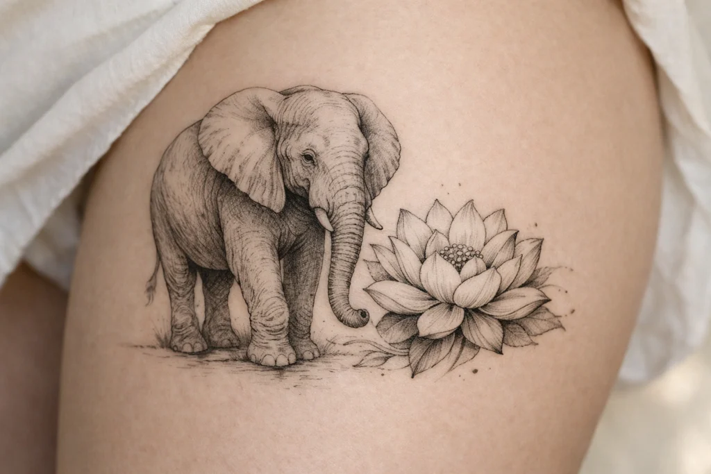 Elephant and Lotus Flower Tattoo