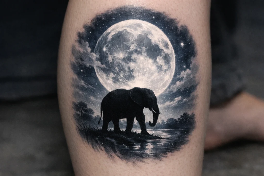 Elephant and Moon Tattoo
