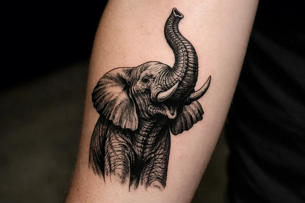 Elephant with Trunk Up Tattoo