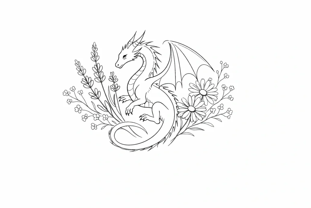 Fine Line Dragon With Wildflowers