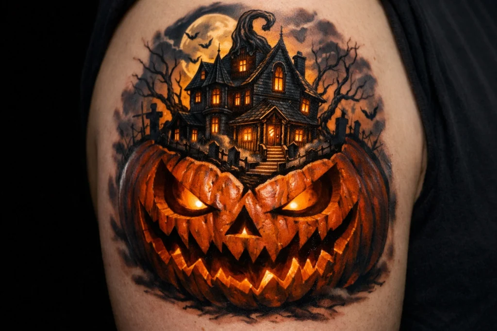 Haunted House Pumpkin Tattoo