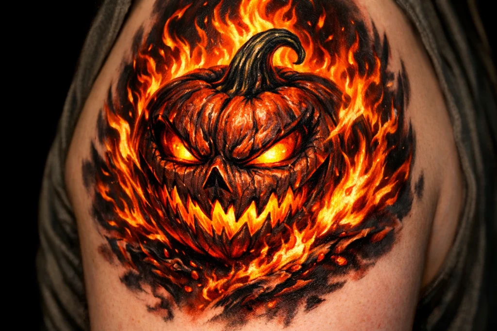 Pumpkin with Flames Tattoo