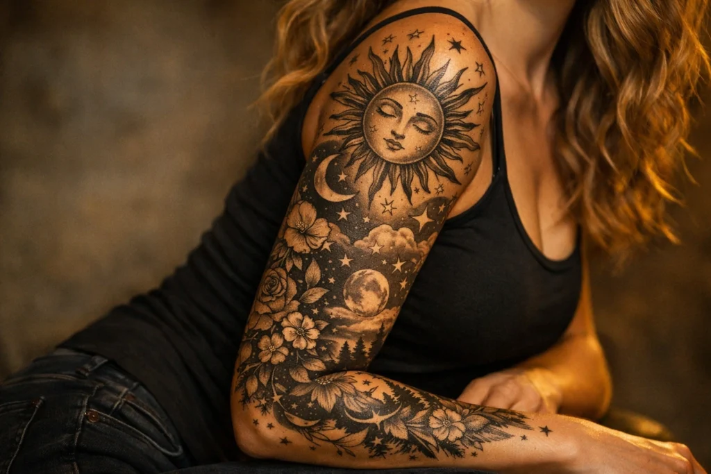 Sleeve and Arm Composition Sun Tattoo