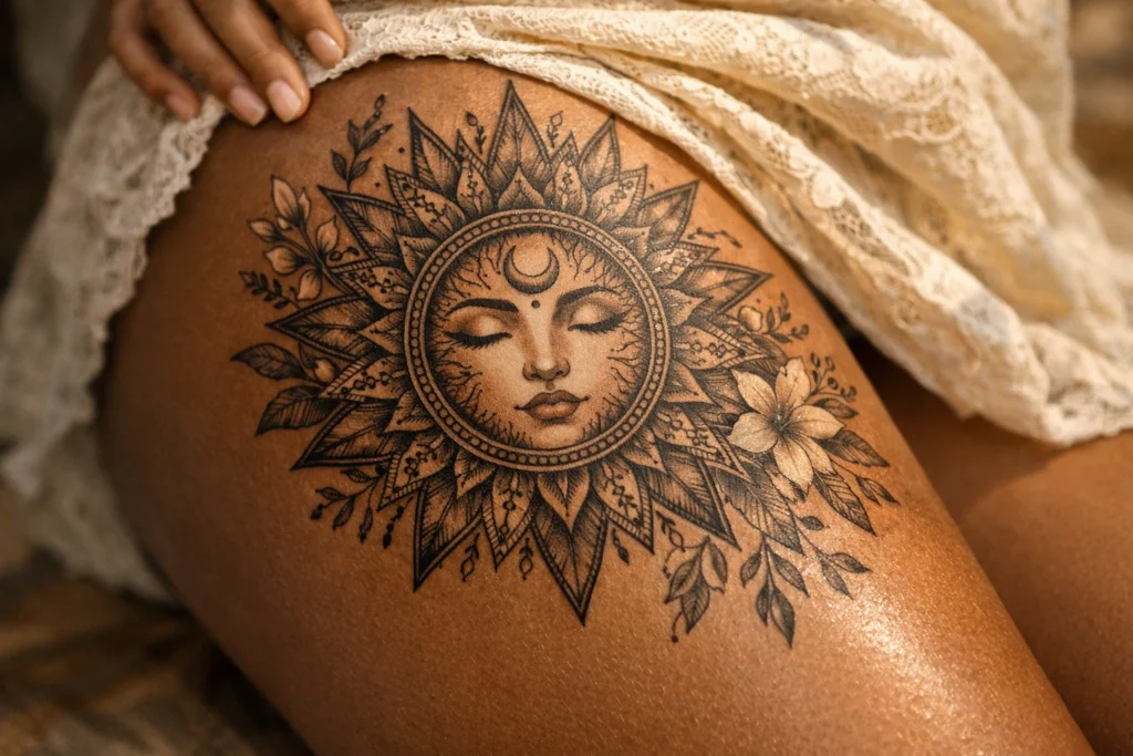 Thigh Sun Tattoo