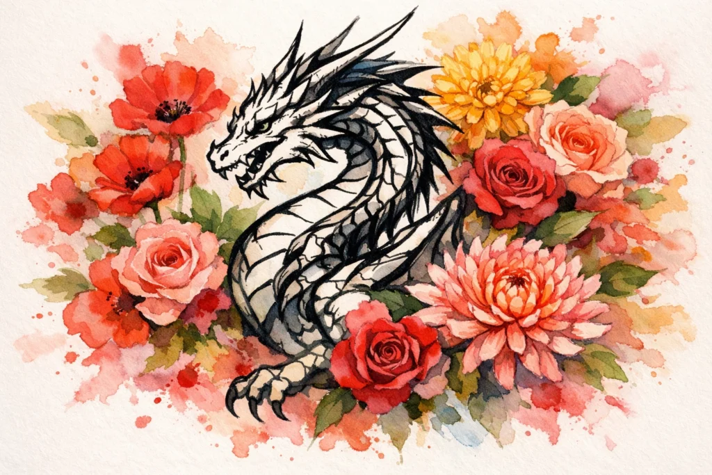 Watercolor Dragon With Mixed Blooms
