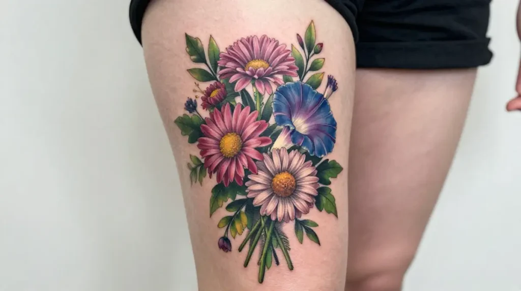 Aster and Morning Glory Bouquet Tattoo