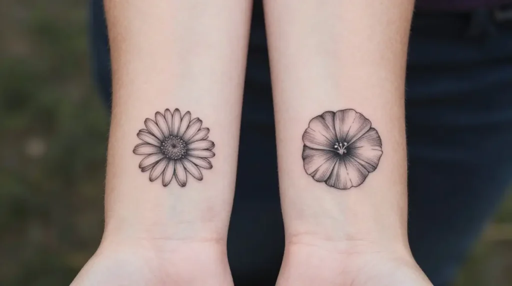 Aster and Morning Glory Fine Line Matching Tattoos