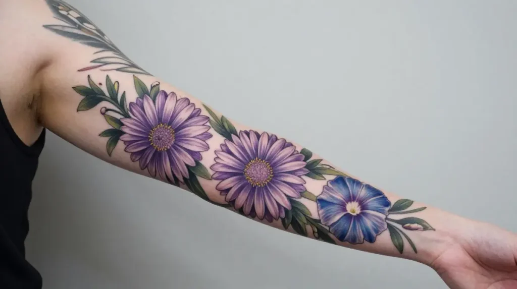 Aster and Morning Glory Sleeve Tattoo