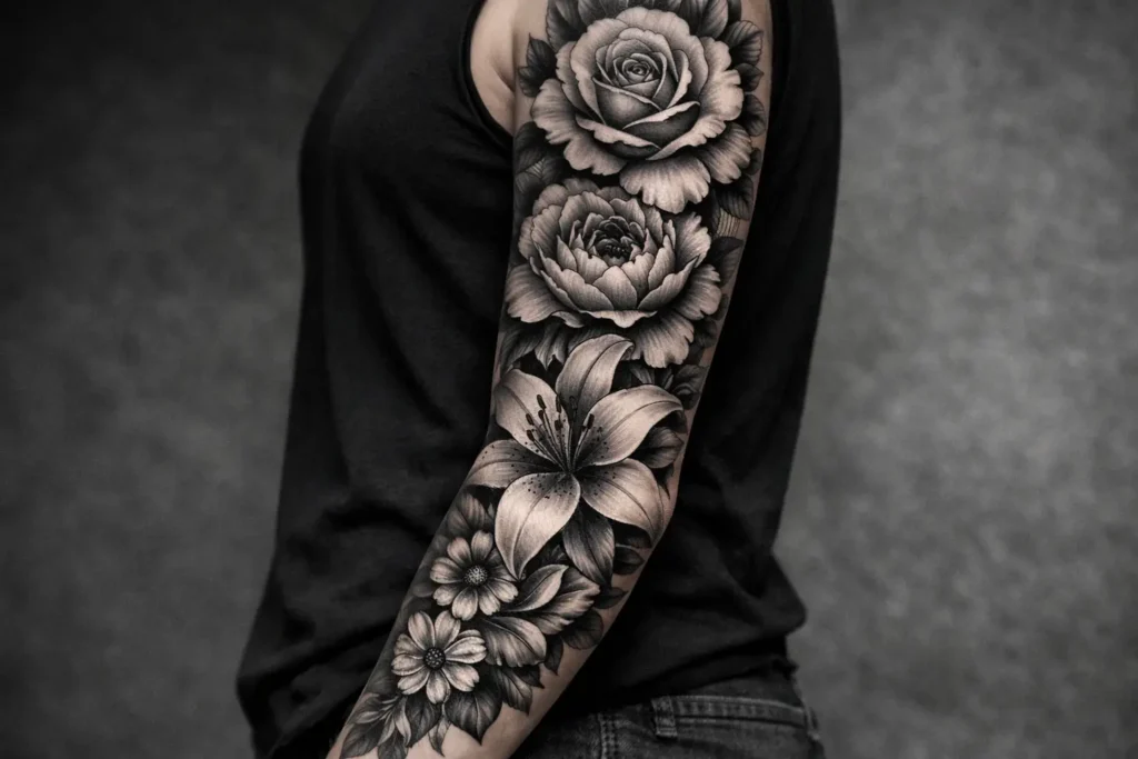 Black and Grey Flower Tattoos for Timeless Style