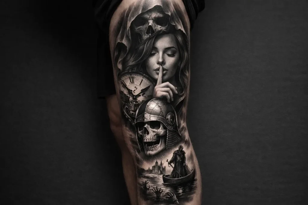 Black and Grey Leg Tattoo