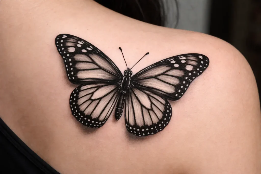Black and Grey Monarch Butterfly Tattoo