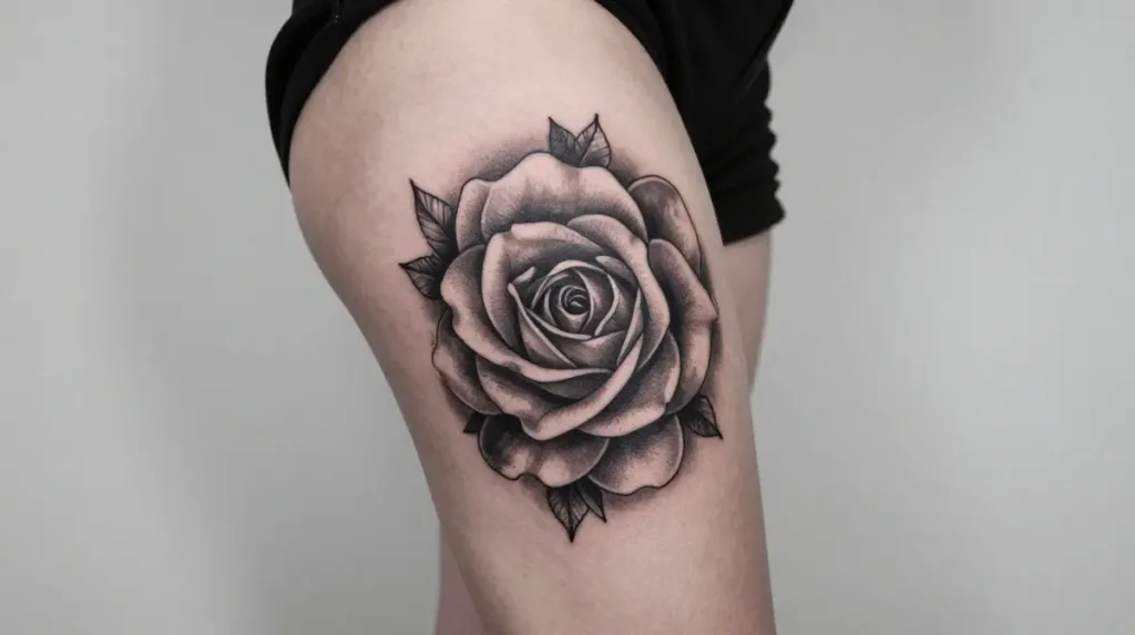 Black and Grey Thigh Tattoo