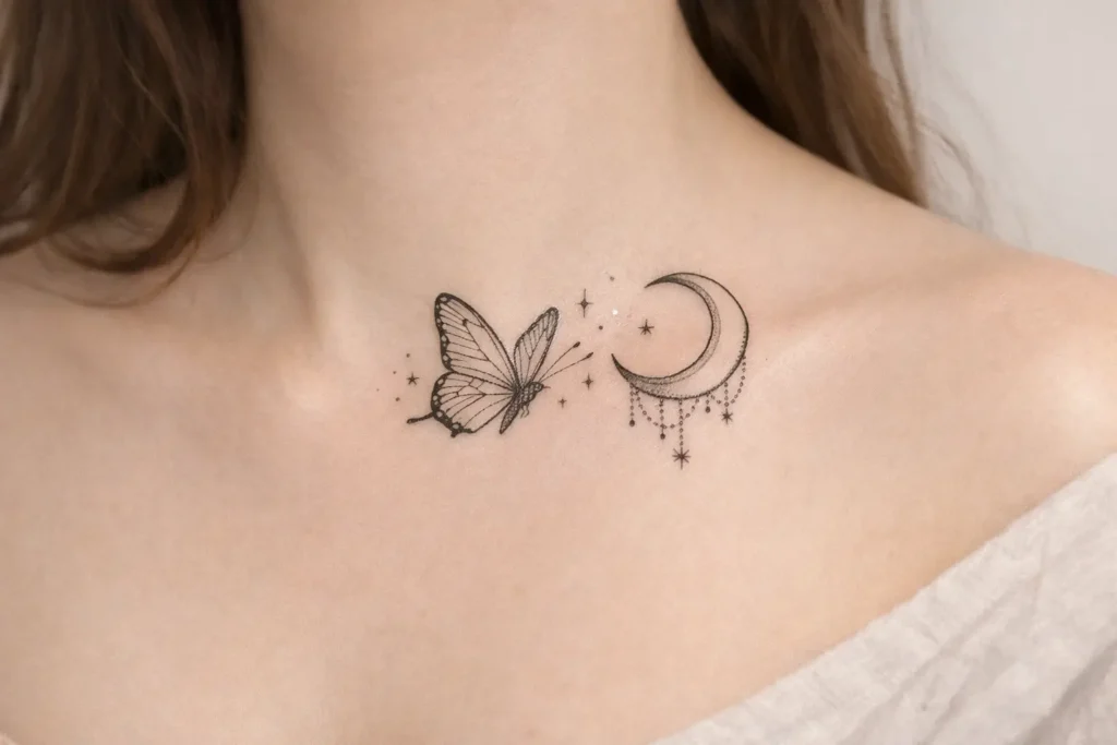 Butterfly and Moon Fine Line Tattoos
