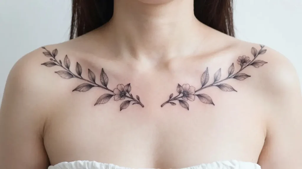 Collarbone Vine and Floral Tattoo