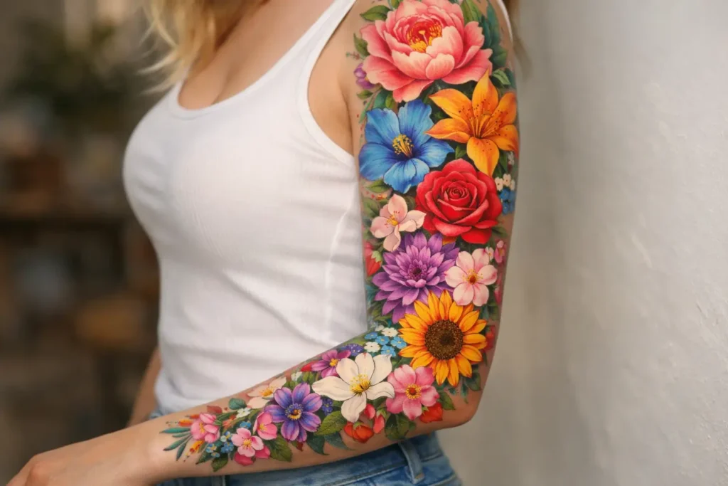 Colorful Floral Sleeve Tattoo